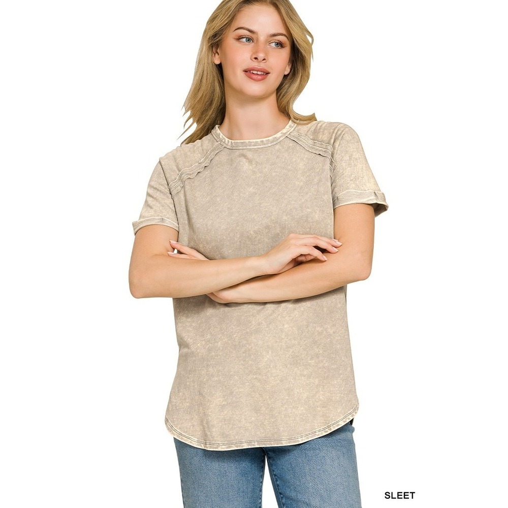Zenana French Terry Washed Curved Hem Top - Medium